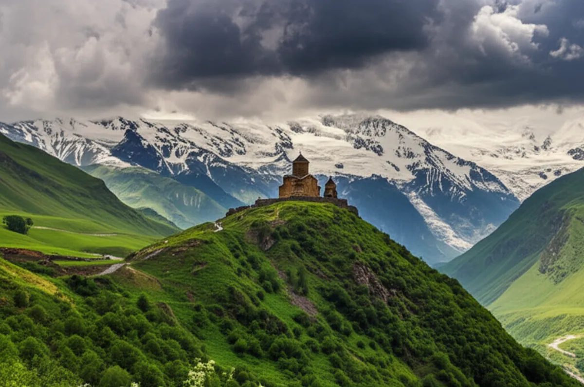 Казбеги — церковь Гергети на фоне Кавказских гор