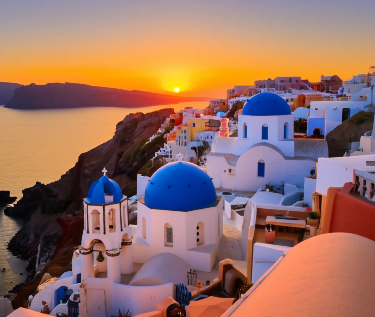 Санторини — голубые купола церквей на закате