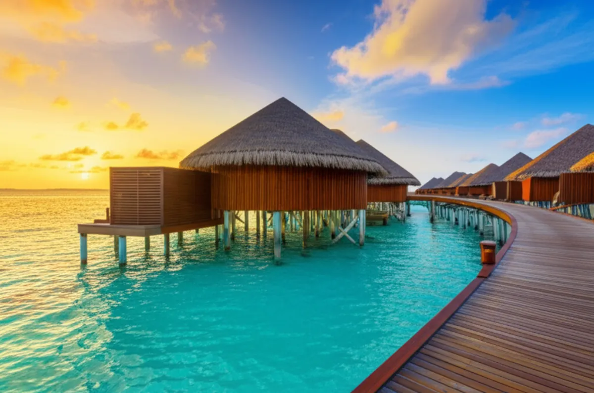 Мальдивы — виллы над водой на закате